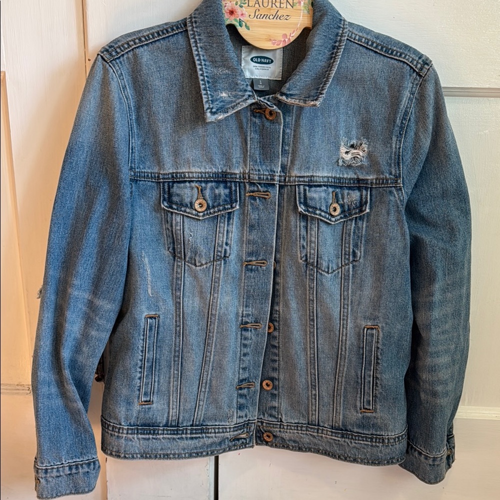 Old Navy Blue Distressed Jean Jacket size large